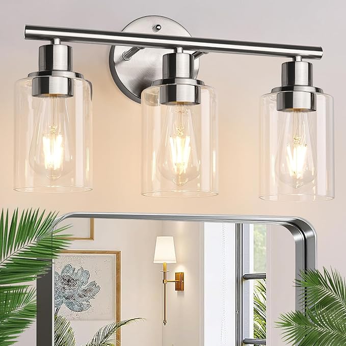 3-Light Bathroom Light Fixtures, Brushed Nickel Vanity Light, Farmhouse Wall Lights with Clear Glass Shade, Bathroom Wall Lamp for Mirror Kitchen Bedroom Hallway Living Room Hallway Cabinet