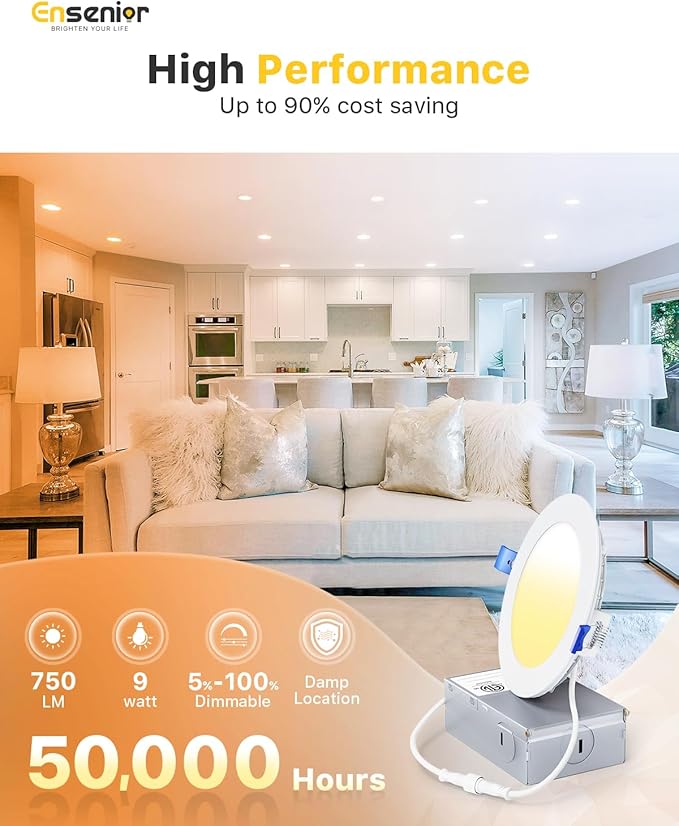 Ensenior 16 Pack 4 Inch LED Recessed Ceiling Light, Dimmable, 3500K Neutral White, 750LM 9W 120V, High Brightness Canless Wafer Downlight - ETL&FCC&IC