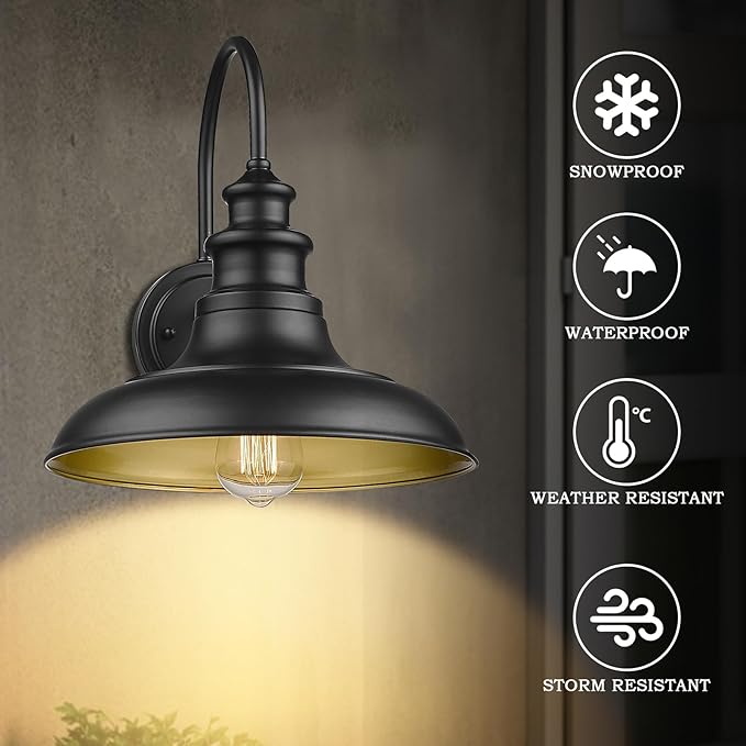 Outdoor Barn Light Fixture, 12.3 Inch Large Dome Farmhouse Wall Mount Light Wall Sconce Exterior Wall Lighting Fixture Industrial Black Finish Lantern with Gold Interior for Porch Garage Patio