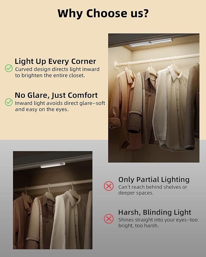 EZVALO 3 Pack Motion Sensor Closet Light with Eye-Protection Design, 1800mAh Rechargeable Under Cabinet Lighting, 3 Color Temps Night Light for Pantry, Closet