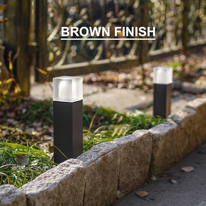GOODSMANN Low Voltage Pathway Lighting 8PK Bollard Landscape Lights Kits 2W 2700K Warm White LED Wired Path Light 100 Lumens Outdoor Metal Brown Finish Walkway Driveway Light with Connector Stake