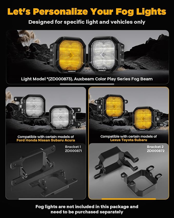 Auxbeam Color Play Series Fog Light Mounting Brackets, for Lexus Toyota Subaru Legacy, Includes Bracket & Adapter, Offroad Lights Flush Mount Kit, 2 Sides, Pair