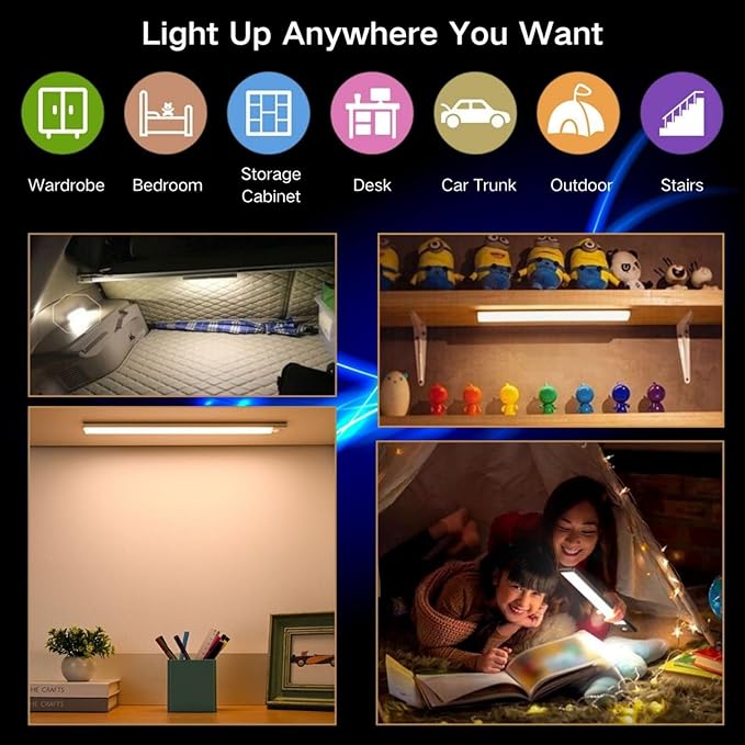 Motion Sensor Under Cabinet Lighting-Magnetic Rechargeable Closet Lights for Kitchen,Stairs,Wardrobe | 3-Color Dimmable LED Under Counter Lighting | Pro Battery Upgrade (16inch-4Pack)