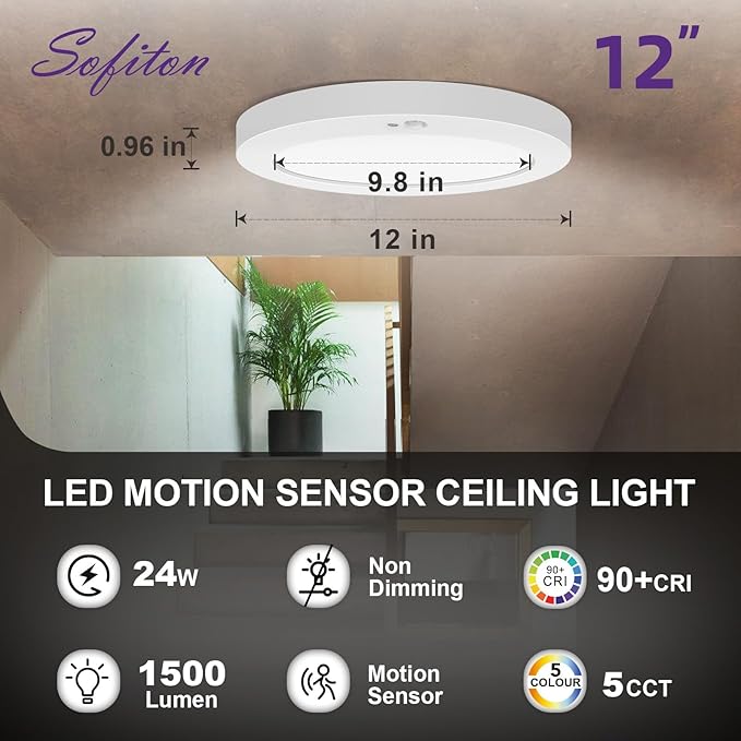 Motion Sensor Ceiling Light, 5CCT Selectable 24W 1500LM, 12 Inch LED Flush Mount Light Fixture Hard Wired, Motion Activated Lights Indoor for Hallway, Stairs, Laundry, Non-Dimmable - 4PK