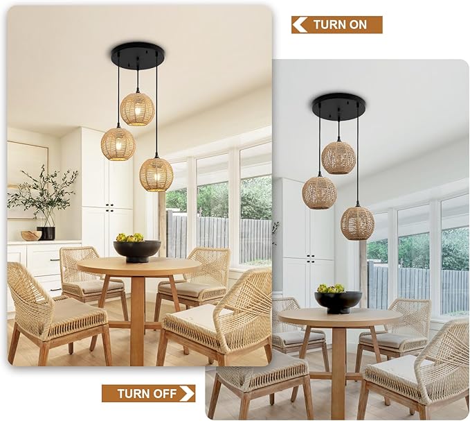 Round 3 Light Boho Pendant Light Rattan Hanging Lamp Hand Woven Wicker Small Chandelier Hanging Lights Fixture for Bedroom Kitchen Hallway Foyer
