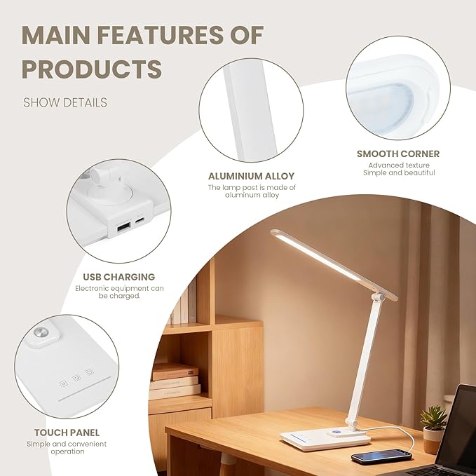 TECHNOVA LED Desk Lamp with 5 Color Temperatures | Sliding Stepless Dimming & One-Touch Timer | Foldable & Portable Design for Office/Study/Nail Art | USB Charging & Four-Axis Rotation for Small Desks