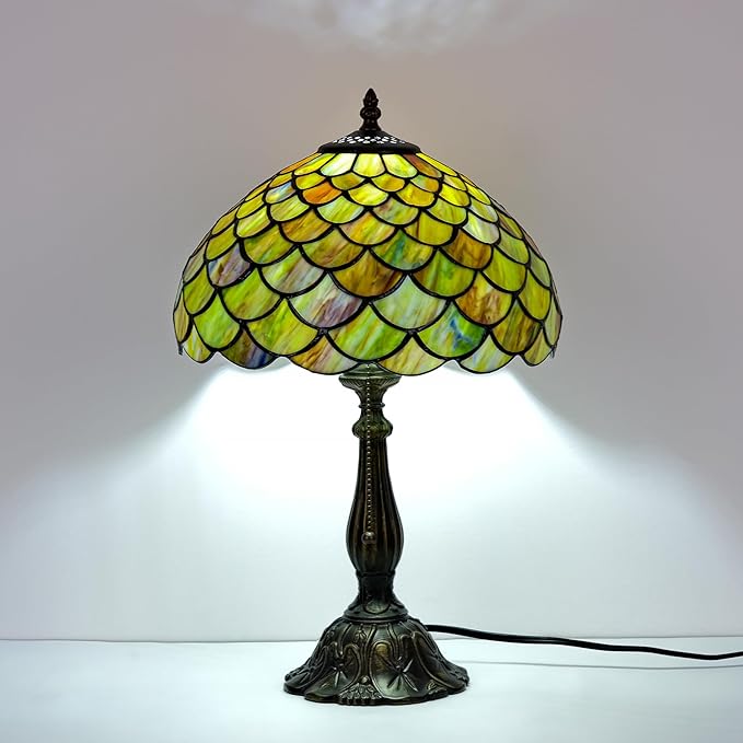 Tiffany Style Table Lamp Vintage Stained Glass Desk Lamp Mable Gradient Green Fish Scales Bedside Reading Light Decor Bedroom Living Room Home Office D12 xH18 (Green Fish Scales)