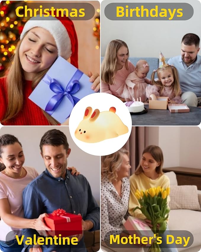 Big Face Rabbit Silicone Night Light, Squishy Bunny Lamp with Touch Control, 30-Min Timer, Rechargeable Kids Night Light for Bedroom Nursery, [Valentines Gifts]
