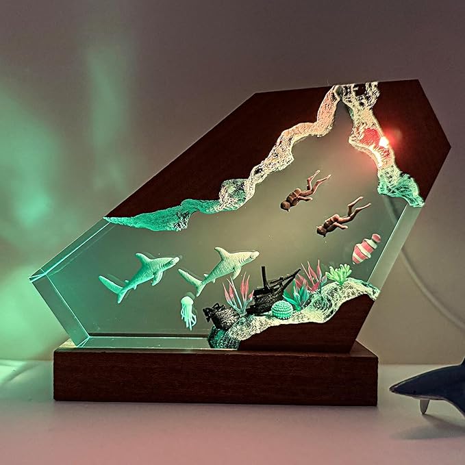 Hammerhead Shark Ocean Resin Lamp, Handmade Resin Night Light for Home Office Decor, Multi-Color LED Light with USB Port, Shark Gifts for Birthday Holiday, Valentine's Day Gifts for Him Kids (8"x5")