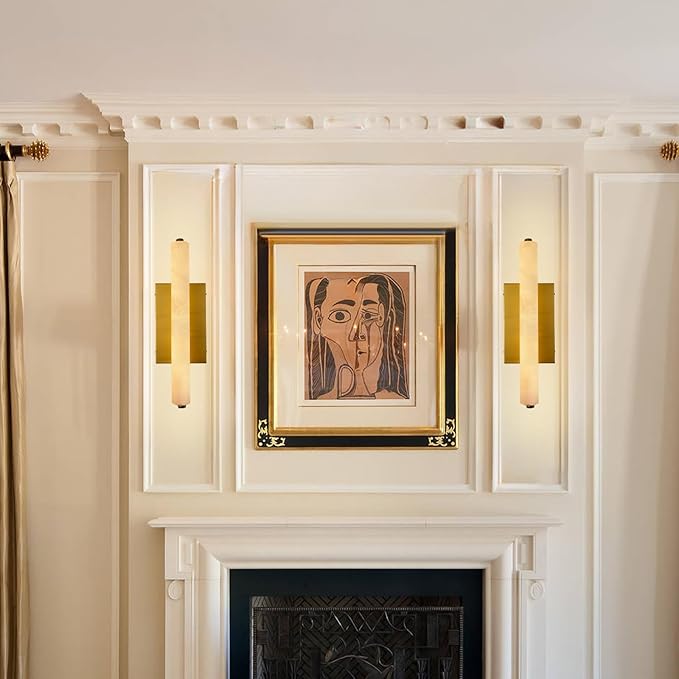 Alabaster Wall Sconces, 15in Brass Alabaster Sconce, Modern Spanish Natural Marble Sconces Lights, Rectangle Gold Sconces for Bathroom Vanity Bedroom Living Room Staircases Hallway