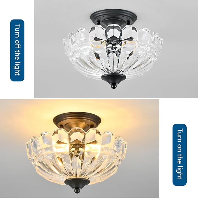 Semi Flush Mount Ceiling Light, 3-Light Kitchen Ceiling Lighting Fixtures with Clear Glass Lampshade, Black Modern Chandelier for Living Room Bedroom Hallway