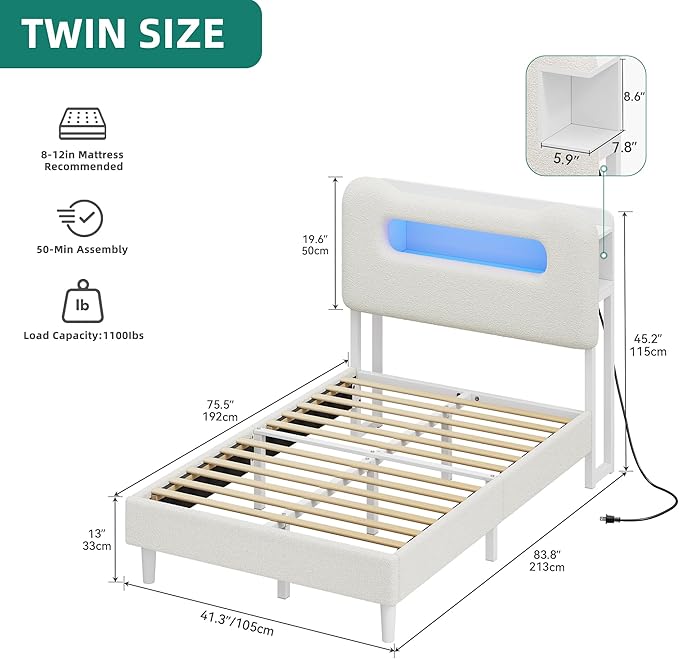 YITAHOME Twin Size Bed Frame, LED Bed Frame with Storage Headboard, Boucle Upholstered Bed with Outlet & USB Ports, No Box Spring Needed, Easy Assembly, Cream