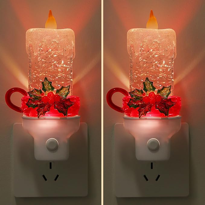 2 Pack Christmas Candle Night Light Plug into Wall Glitter Water Nightlight with USB/Outlet Options, Christmas Decorative Nightlight for Bedroom Kitchen Nursery Holiday Decorations Gifts (Candle)