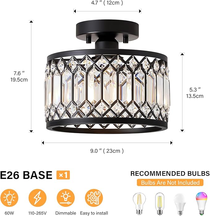 Crystal Ceiling Light Fixture, Modern Semi Flush Mount Ceiling Light, Black Lighting Fixtures Ceiling Lamp for Hallway, Kitchen, Entryway, Bedroom, Laundry Room, 9.05 Inch