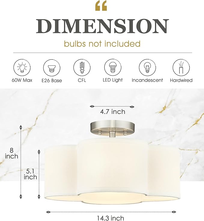 Semi Flush Mount 4-Light 14Inch Ceiling Lights with Fabric Shade in Quatrefoil Shape, Brushed Nickel for Nursery, Hallway, Bedroom, Kitchen - AD-22007-4SF-SN