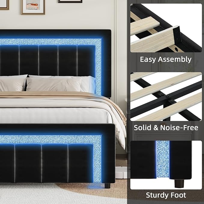 HOMBCK Bed Frame King with LED Lights and Velvet Upholstered Headboard, King Size Bed Frame with Modern Diamond Headboard Adjustable, Wooden Slats Support, Noise Free, No Box Spring Needed, Black