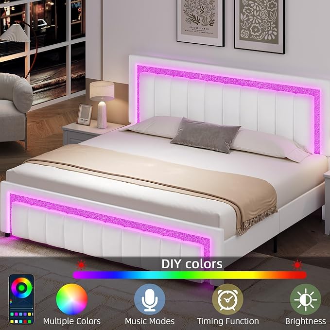 HOMBCK Upholstered Bed Frame King with LED Lights and Velvet Headboard, King Size Bed Frame with Modern Diamond Headboard Adjustable, Wooden Slats Support, Noise Free, No Box Spring Needed, White