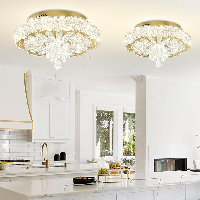 Modern Empire Crystal Chandelier Gold 16inches Crystal Raindrop Ceiling Light for Living Room Bedroom LED Infinity Dimmable 3000-6000K