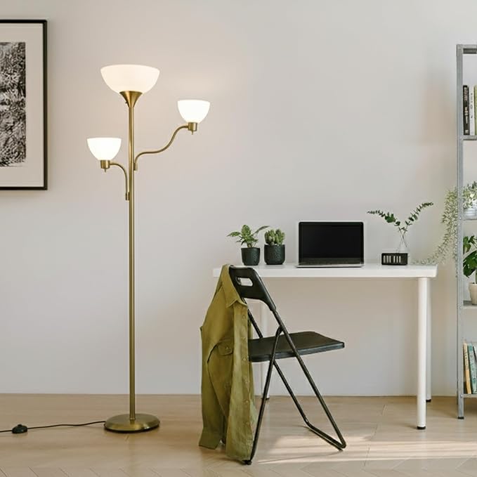 Brightech Sky Dome Double LED Floor lamp, Torchiere Super Bright Floor Lamp with 2 Reading Lamps for Living Rooms & Offices - Dimmable Tall Standing Lamp for Bedroom Reading - Tall Brass Pole