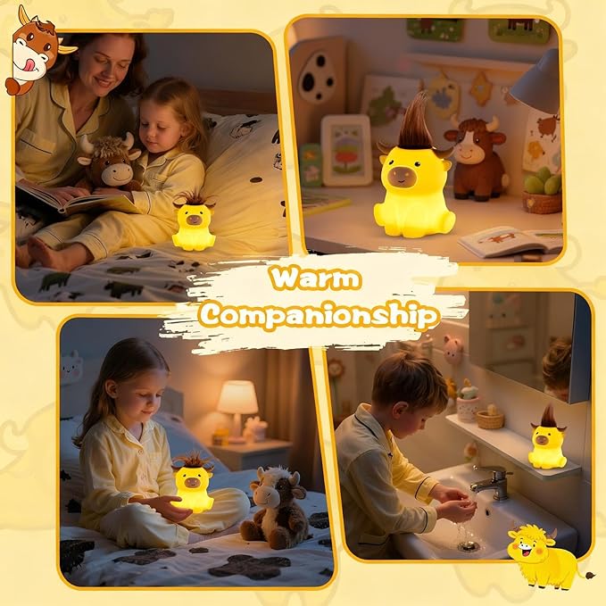 Cartoon Cattle Night Lamp - Kids Decorative Light with 2 Adjustable Brightness, 20-Minute Timer | Bedroom Nightlight for Home Bedside Nursery College Dormitory Indoor Hotel, Soft Comfortable Glow