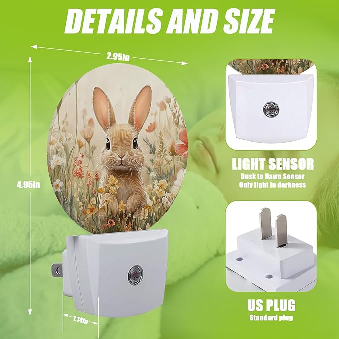 Cute Rabbit Night Light,Spring Wildflowers Plug-in Night Lights with Dusk-to-Dawn Sensor for Bedroom Bathroom and Living Room Sleep Friendly Rabbit