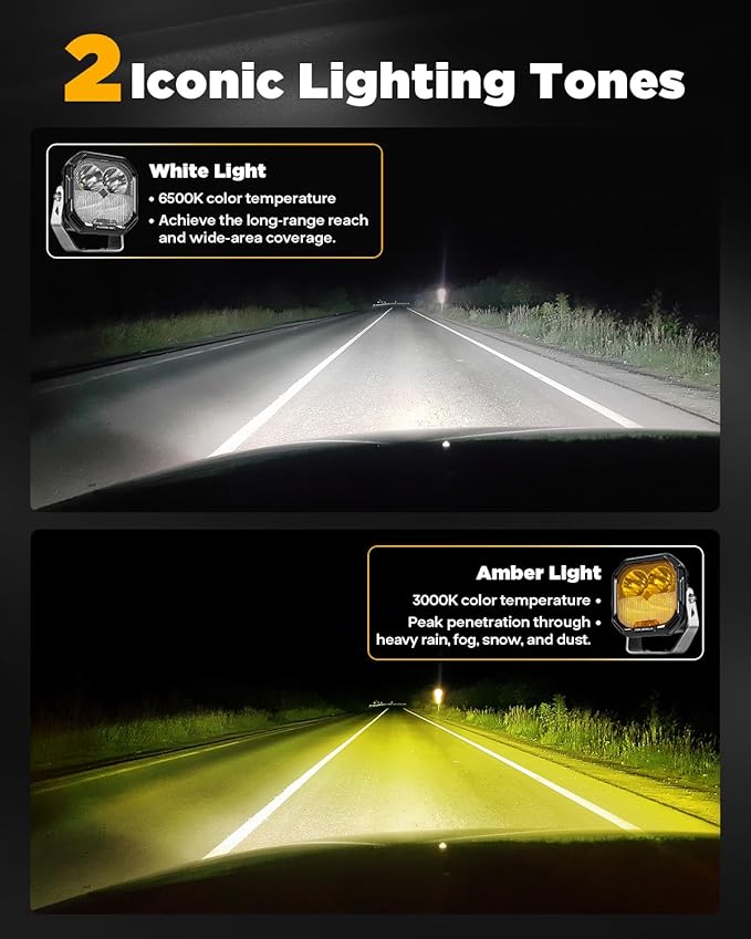 Auxbeam Color Play Series Amber DRL LED Pod Lights 3" 100W Spot Flood Combo Dual Color Turn Signal Driving Fog Lamp Cube Ditch Lights Offroad Lighting with Covers