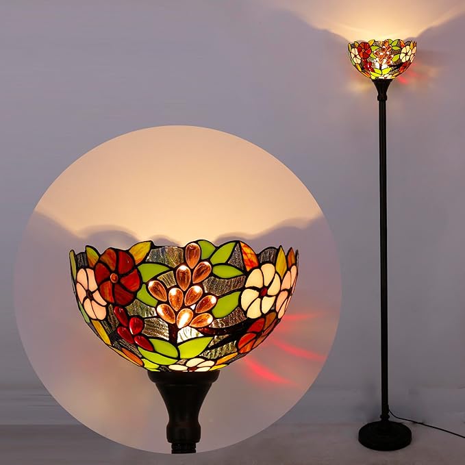 Tiffany Torchiere Floor Lamp Stained Glass Purple Grape Style Standing Corner Torch Uplight 12X12X72 Inch for Bedroom Living Room Home Office