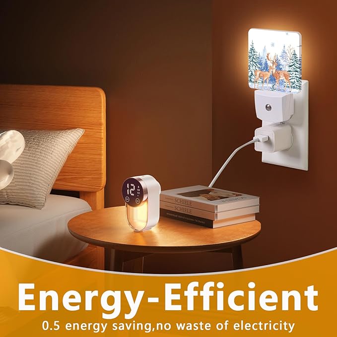 Vintage Deer Forest Night Light, Plug-into Winter Animals Nightlight White LED Lamp, Energy Efficient Decor Desk Lamp for Bedroom Hallway Stairs Bathroom
