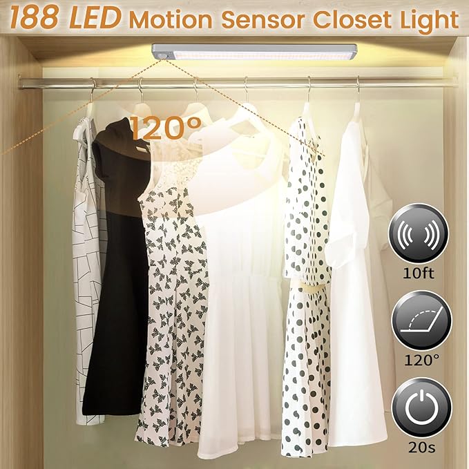 Under Cabinet Lights Rechargeable Under Counter Lights for Kitchen, 188 LED Closet Light Motion Sensor Light Indoor, Dimmable Magnetic Under Cabinet Lighting, 2-Pack