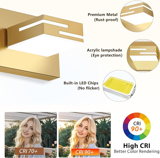LED Modern Bathroom Vanity Light Fixtures, 4-Light 28-inch Dimmable Gold Vanity Lights for Bathroom Lighting Fixtures Over Mirror, with 350° Rotatable Heads (Cool White 6000K)