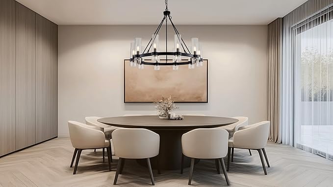 32 Inch Black Wagon Wheel Chandelier with Glass Shade, 10 Lights, Modern Farmhouse Style, Ideal for Dining Room, Kitchen, Entryways