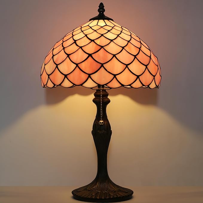 Tiffany Lamp Stained Glass Table Lamp 12” x 19” Pink Fish Scales Style Decorative Lamp Bedside Reading Lamp for Desk Living Room Bedroom Office Study Light Home Decor Gift