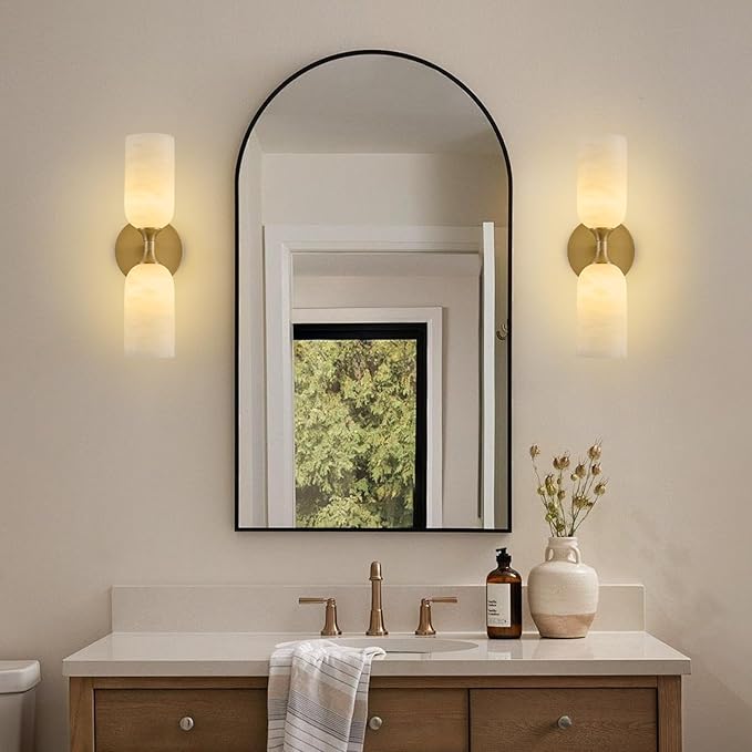 Vintage Alabaster Brass Wall Sconce: Antique Spanish Natural Marble Modern Vanity Wall Lights - 14" Cylinder Retro Brushed Gold Sconces - Indoor Sconce for Bathroom Bedroom Stair Hallway Living Room