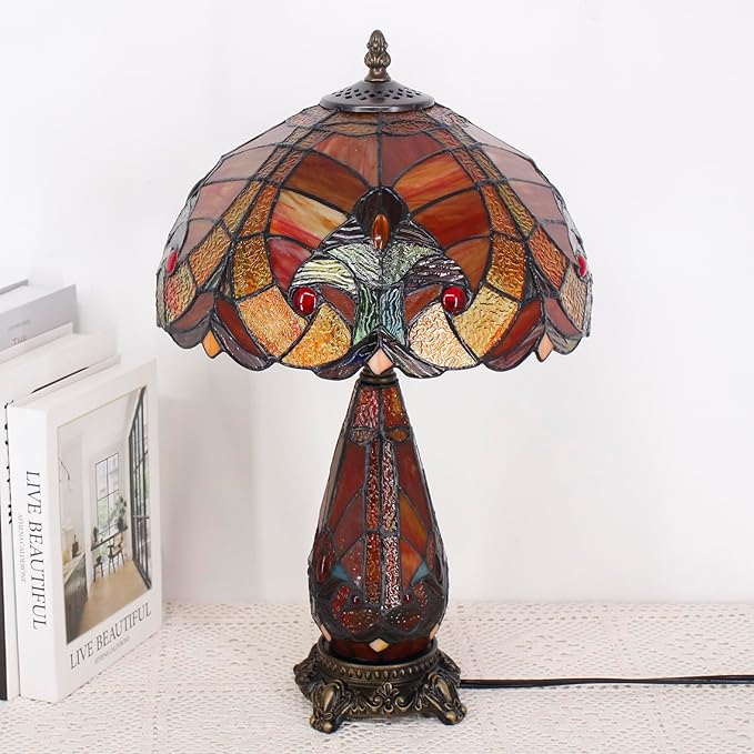 Tiffany Lamp Stained Glass Table Lamp 12X19 Inches Mother Daughter Vase Desk Accent Night Light for Bedroom Bedside Reading Home Antique Style (Red Stained)