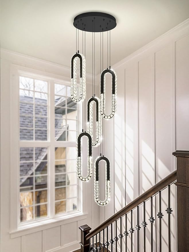 5-Lights Modern Crystal Chandelier for High Ceiling LED Dimmable Ring Pendant Chandeliers Stairwell Chandelier Lighting Black