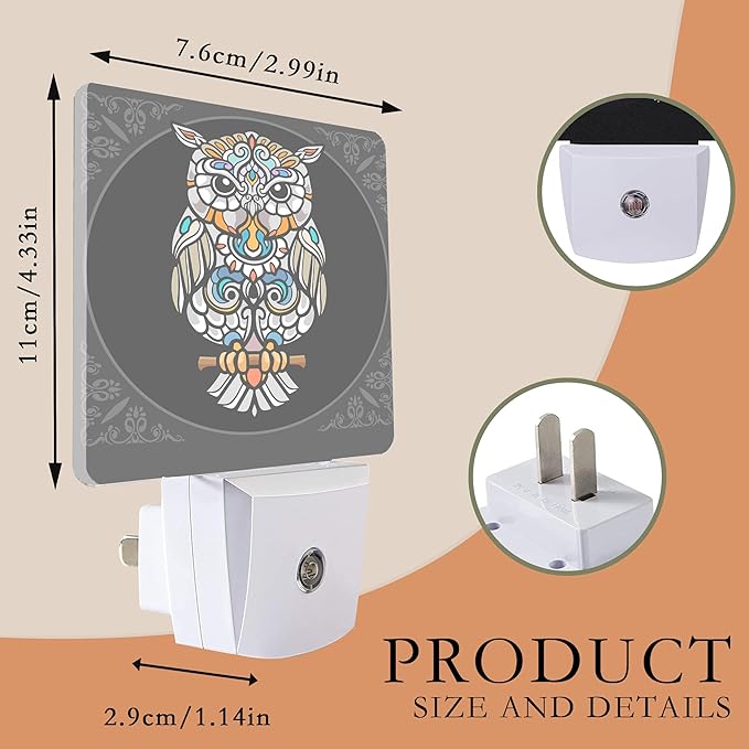 Colorful Owl Bird Night Light Plug into Wall, Mandala Night Light with Dusk to Dawn Sensor for Kids, Room Decor, Hallway, Kitchen, Bathroom, Nursery, Stairs