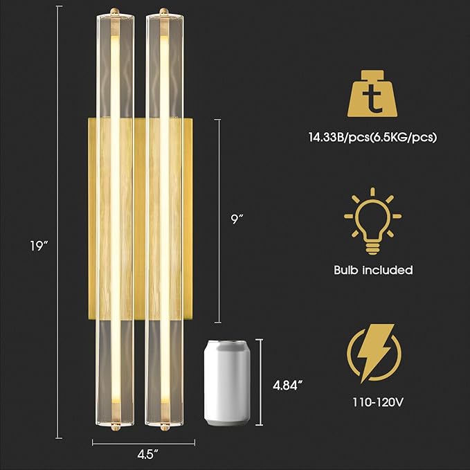 Crystal Wall Sconce, 19'' Brass Bathroom Wall Sconce, Modern Double Sconce Wall Lighting, Upgrated K9 Crystal Gold Wall Light, Bedroom Vanity Sconce, Wall Lamp for Living Room, Stairway, Hallway