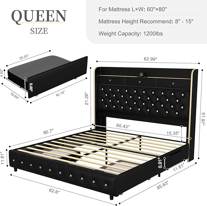 Queen Led Bed Frame with Galaxy Aurora Star Projector, Platform Beds with Charging Station, 52" Diamond Upholstered Wingback Bedframe with 2 Storage Drawers, No Box Spring Needed, PU Black
