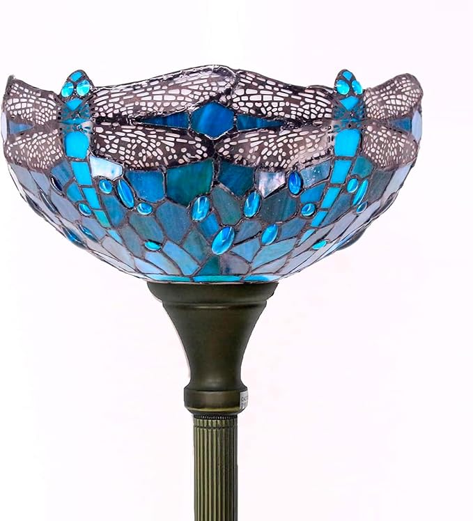 WERFACTORY Tiffany Floor Lamp Green Stained Glass Dragonfly Light 12X12X71 Inches Pole Torchiere Standing Corner Torch Uplight Decor Bedroom Living Room Home Office S622 Series (B)