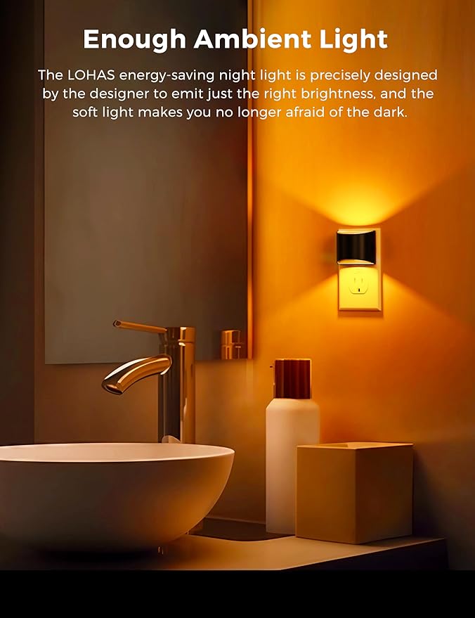 L LOHAS LED Night Light 2 Pack, Night Lights Plug into Wall, Dusk to Dawn Sensor Nightlight, 3 Level Brightness Adjustable, 1600K Amber Light, Mood Lighting