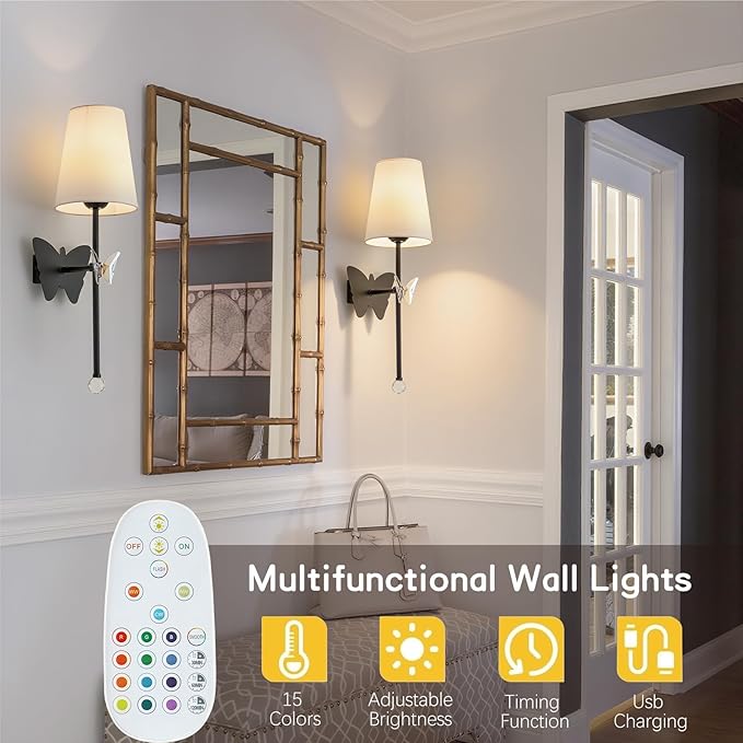 Black Wall Lights Battery Operated Set of 2, Rechargeable Wall Lights with Butterfly, Battery Powered Sconces Indoor Wall Lamps for Bedroom Living Room Hallway Stairs Bathroom