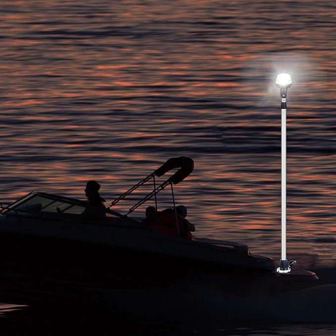 Telescoping Stern Light Anchor Light LED Extension Boat Navigation Lights Pole with Base USCG 2 NM All Round White Detachable Plug in 10-30 Volts From 29 to 43 Inches