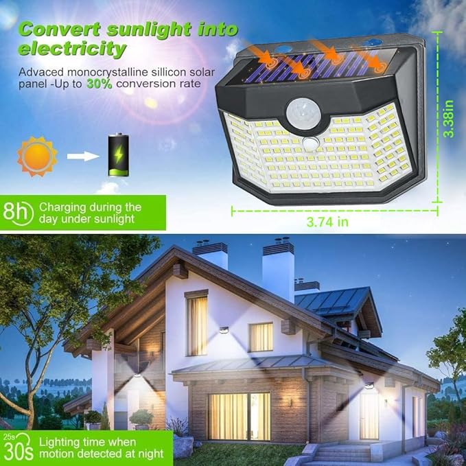 HMCITY 120 LED Outdoor Solar Lights with Motion Sensor and 3 Lighting Modes, IP65 Waterproof Wide Solar Wall Lights Ideal for Garden Patio Yard (Front Button 12Packs, Daylight White, 6500K)