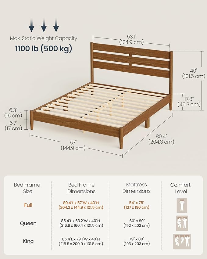 SONGMICS Home Full Bed Frame with Headboard, LED Lights & Charging Station, Solid Wood Legs and Slats, Mid-Century Modern Platform Bed, No Box Spring Needed, Caramel Brown URMB412K01V1