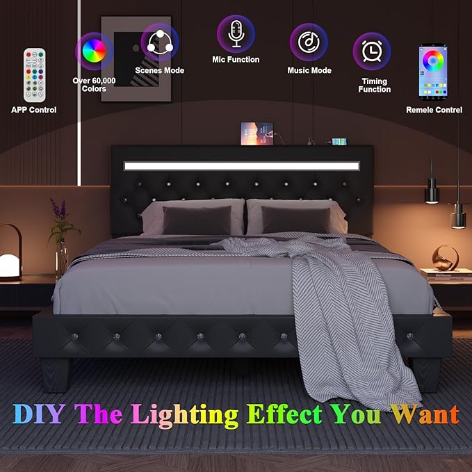 King Size Bed Frame with LED Lights, Upholstered Platform Bed Frame, Adjustable Headboard with Charging Station, Wooden Slats Support, Easy Assembly, No Box Spring Needed, Black