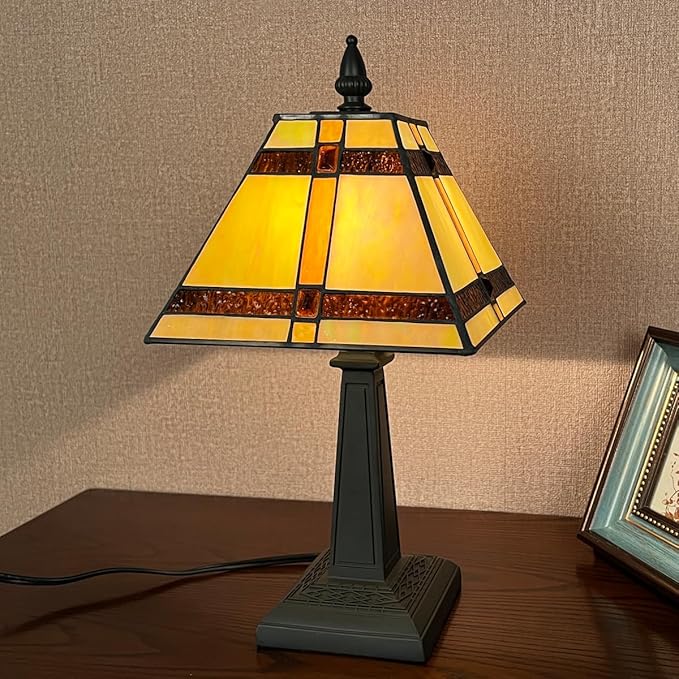 Tiffany Table Lamps,Small Handcrafted Stained Glass Accent Table Light,Amber Mission Style Antique Desk Lamp for Bedroom Living Room Home Office