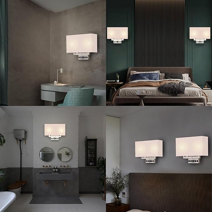 LEDMyplace 2-Light LED Wall Sconce Fixture, Sconces for Living Room with USB Ports and Outlet, Brass Sconces, E26 Base, Brushed Nickel Finish, White Fabric Shade, Decorative Wall Lighting