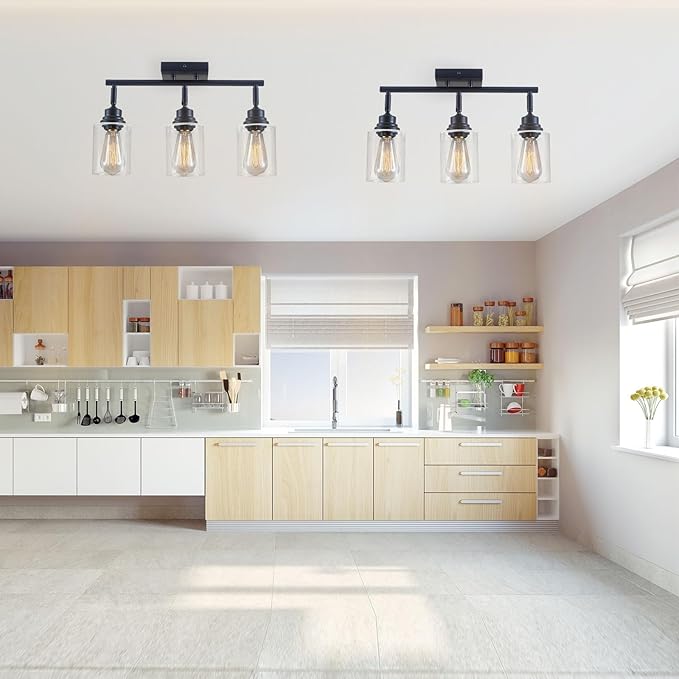 Modern 3-Light Track Lighting Fixtures Ceiling, Light Fixtures Ceiling Mount with Clear Glass Shades, Matte Black Kitchen Ceiling Light Fixtures for Bedroom, Living Room & E26 Base