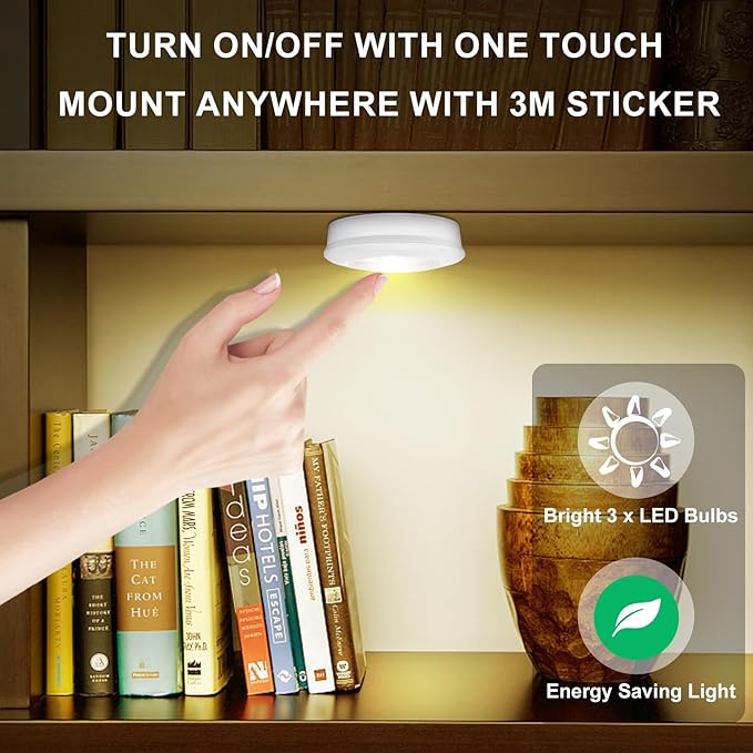 LUXSWAY Puck Lights, LED Tap Light Battery Operated, Stick On, Mini Night Touch Light, Under Cabinet and Counter Lights for Shelf and Kitchen Sink, 6-Pack, White