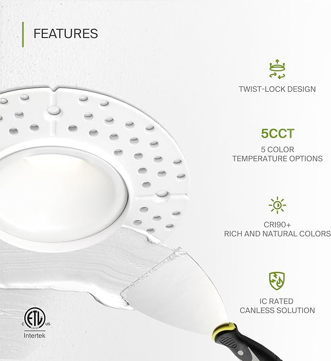 ASD Trimless 1 Inch Recessed LED Lights, 7W 120V Triac Round Commercial Downlight, Canless Dimmable Lighting for Ceiling with J-Box, 5 CCT 2700K-5000K, CRI 90+, IC Rated, ETL, White